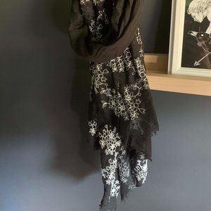 Black Scarf with White Floral Embroidery // OS